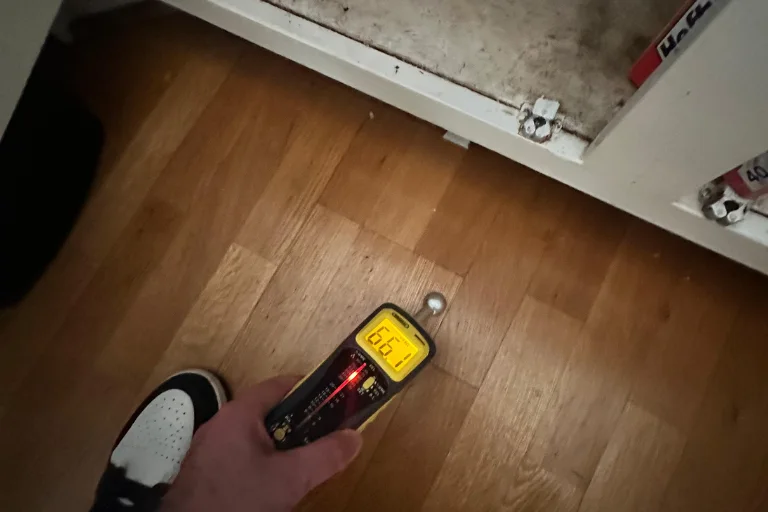 Moisture meter reading taken on Sherman Oaks hardwood flooring