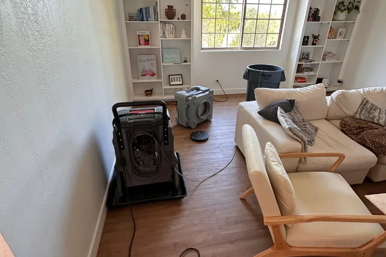 Structural drying equipment set up in a Glendale living room