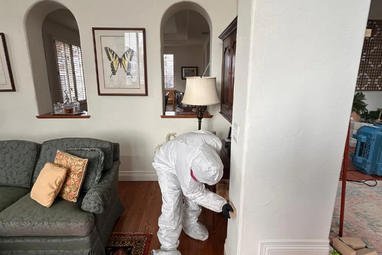 Technician inspecting water damage in a Beverly Hills living room